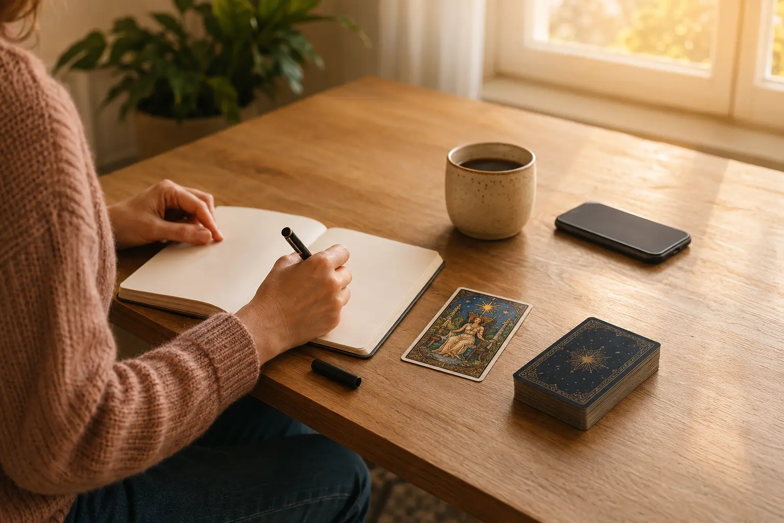 A one-card morning tarot practice with coffee, notebook and phone placed face down