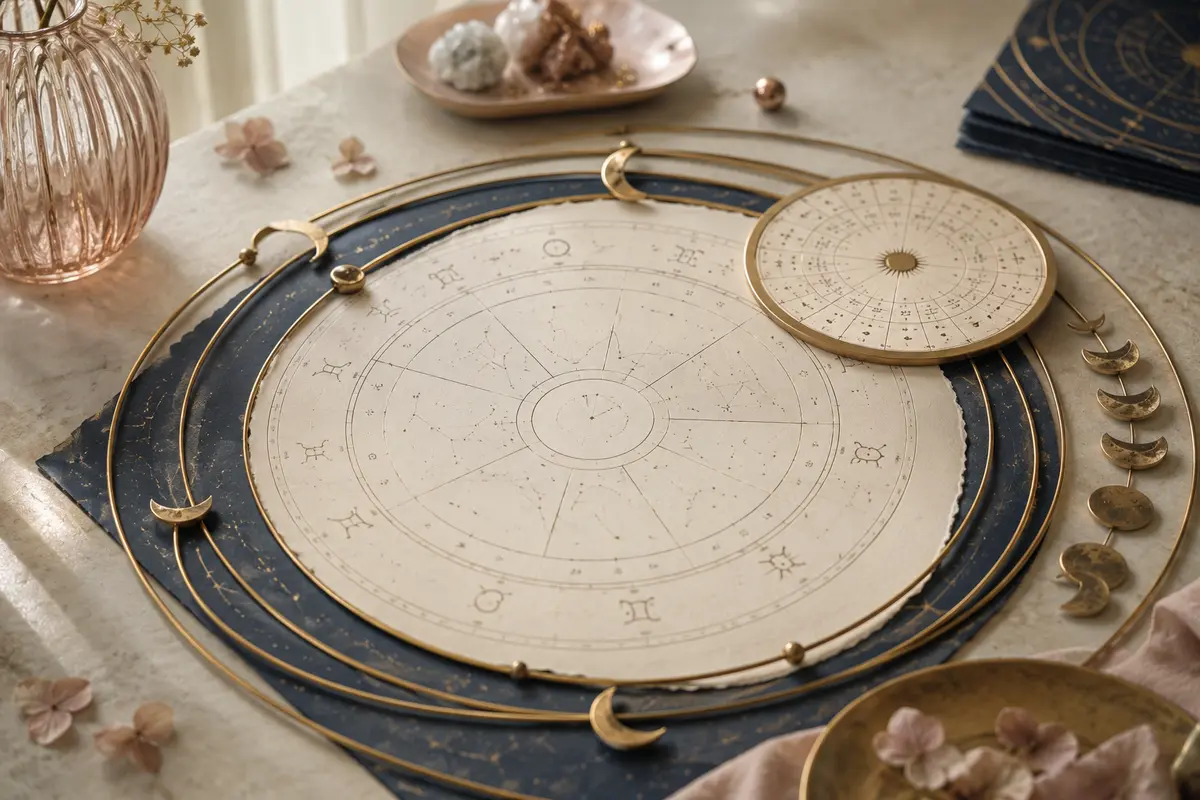 Natal chart with orbit rings and moon phases for astrology cycles