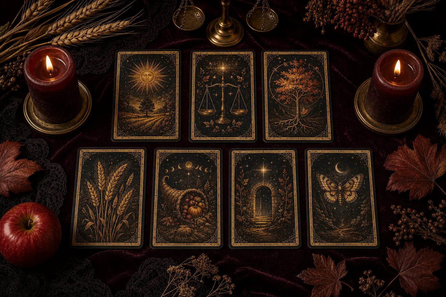 Seven tarot cards arranged with equal candles, wheat, apples and autumn leaves for an equinox reading