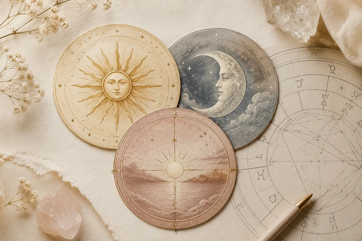 Editorial astrology artwork for Big Three Astrology: Sun, Moon and Rising Signs Explained