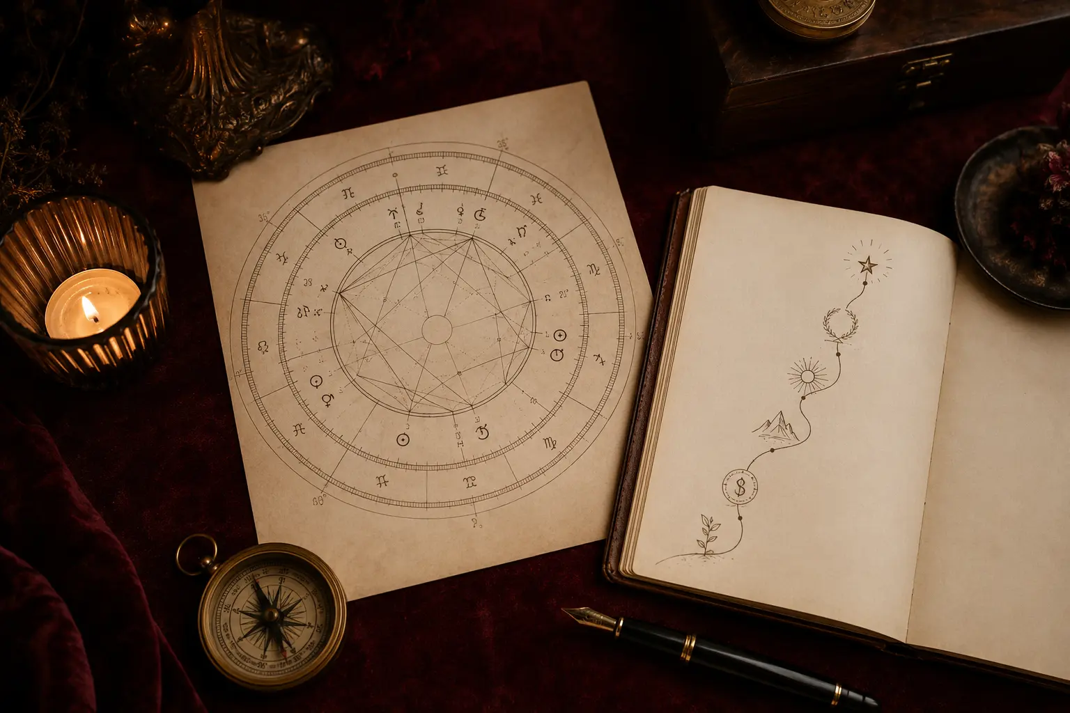 A natal chart beside a notebook mapping a personal career path