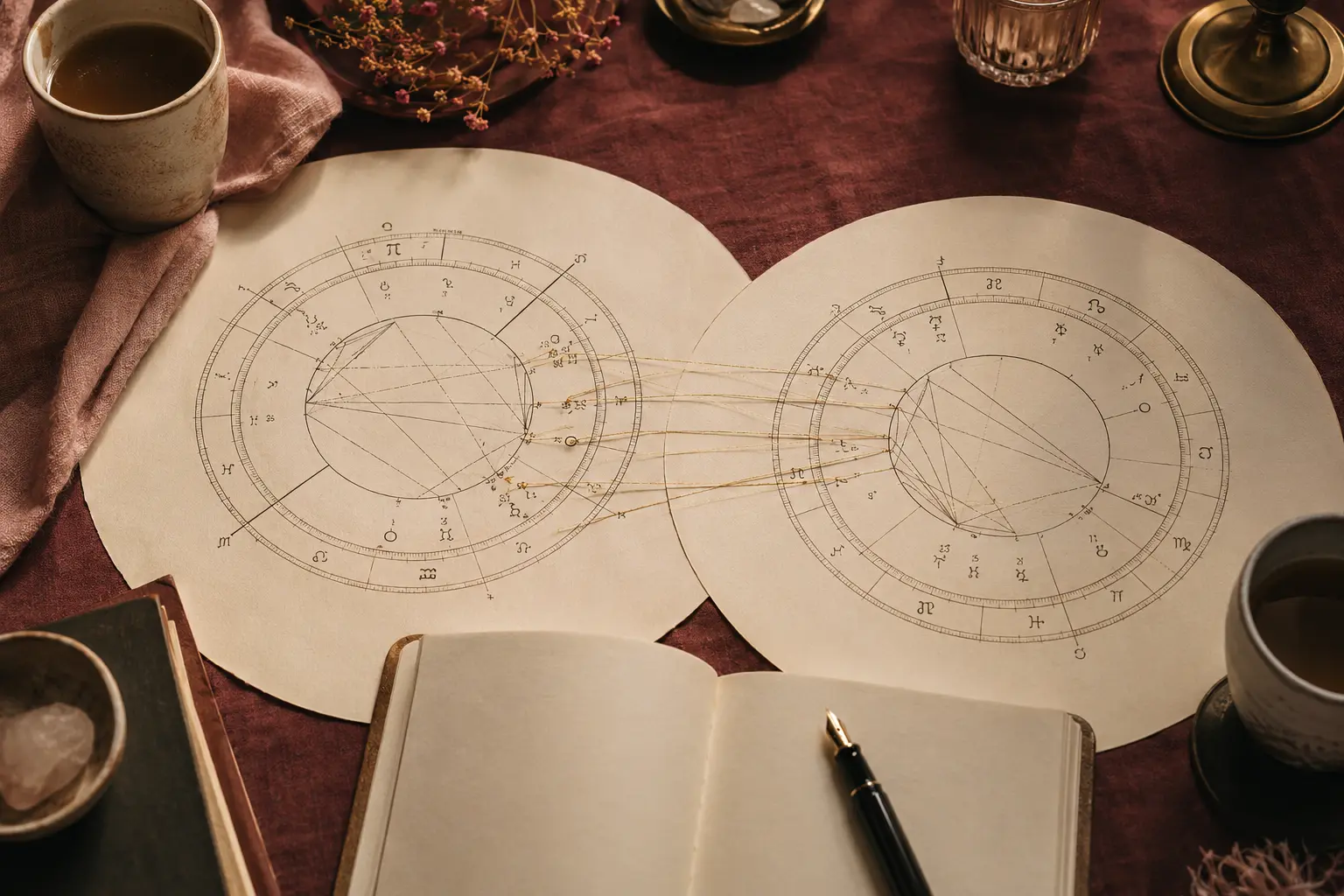 Two individual natal charts connected by fine gold lines