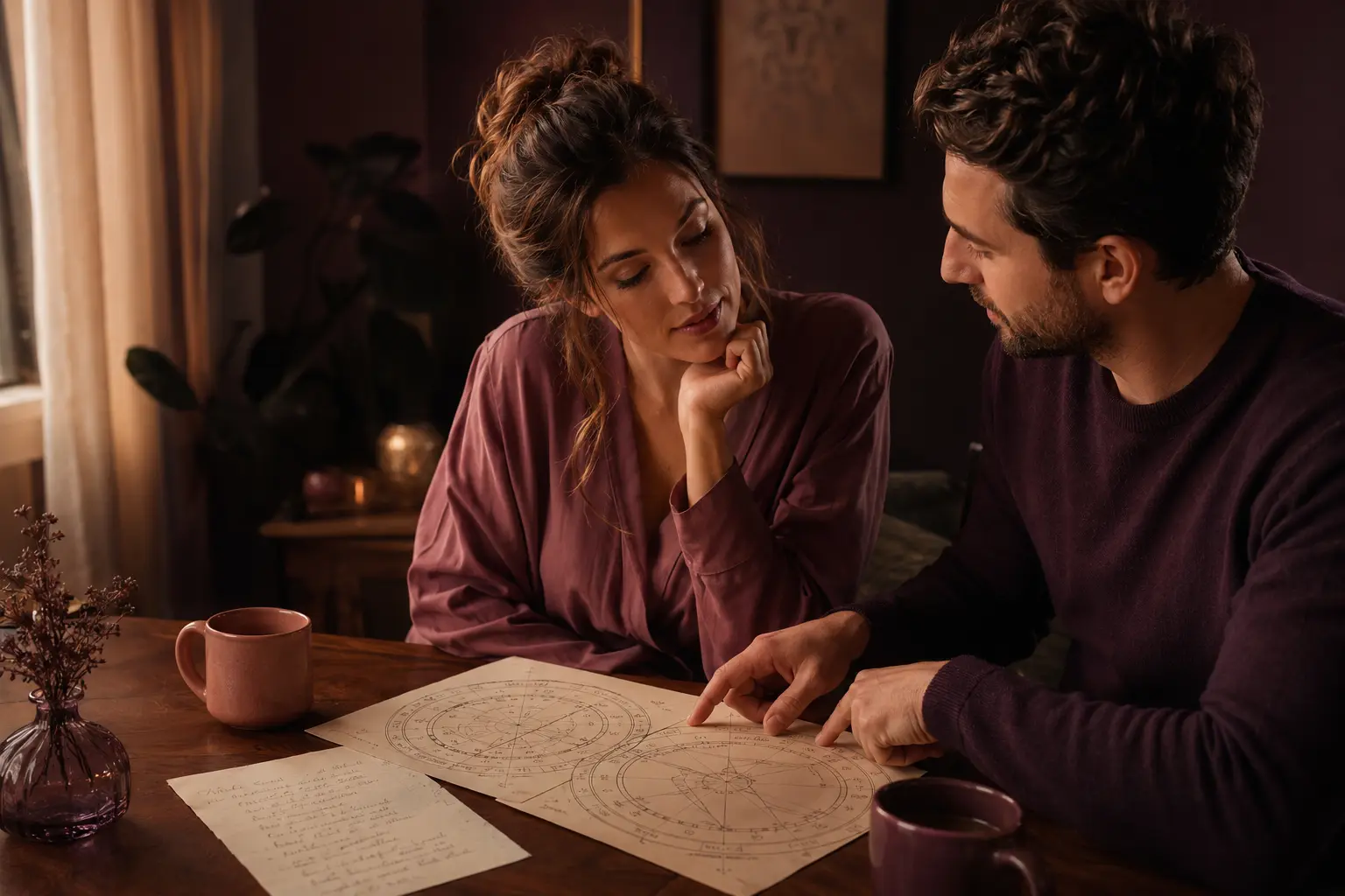 Two people comparing natal charts during a thoughtful conversation