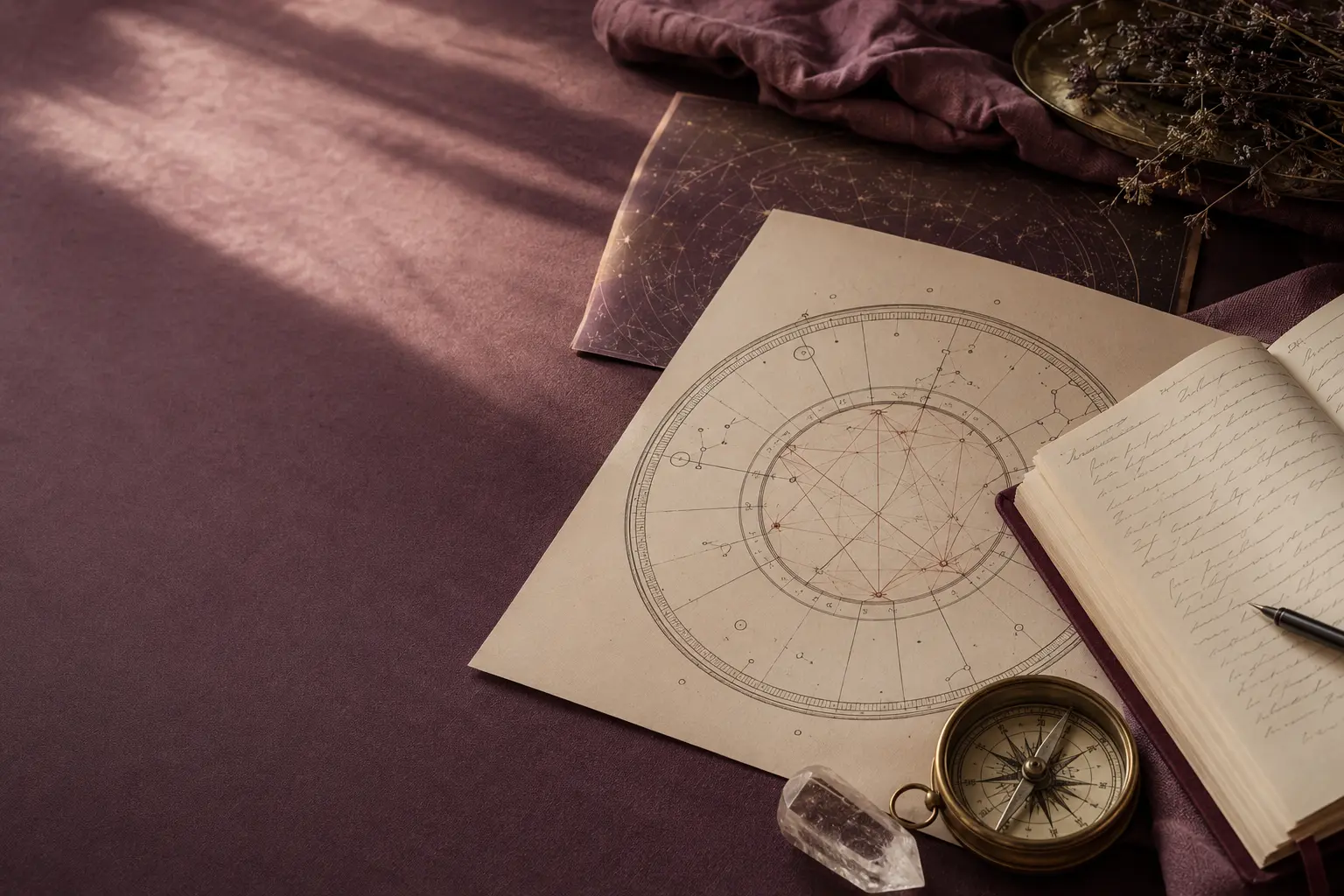 A detailed natal chart beside handwritten astrology notes and a brass compass