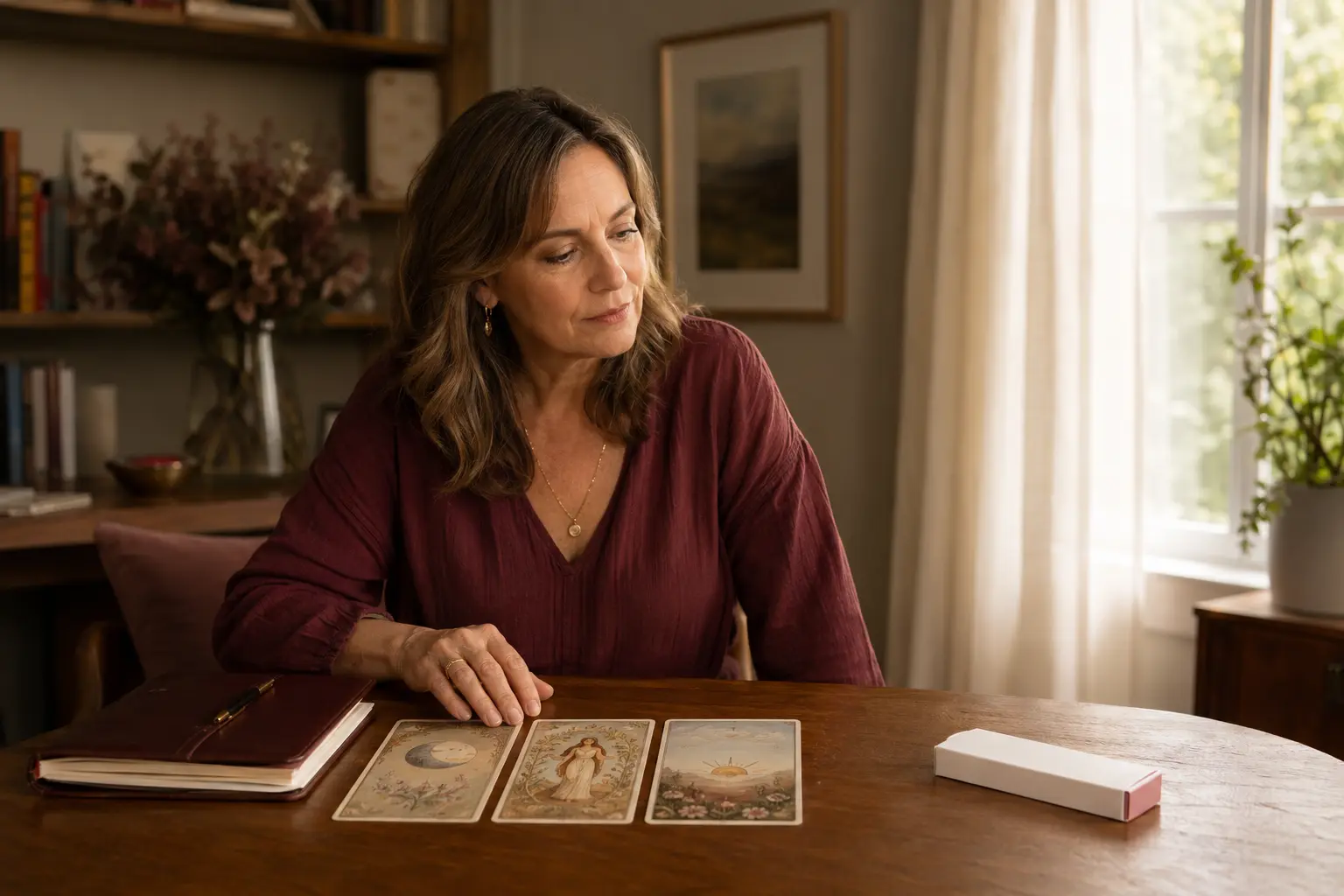 A tarot reader looking from symbolic cards toward an unopened pregnancy test