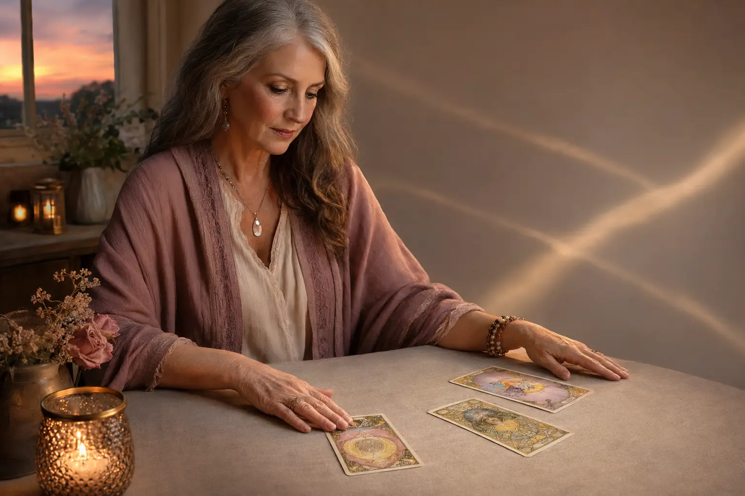 A tarot reader following the present energy toward branching future paths