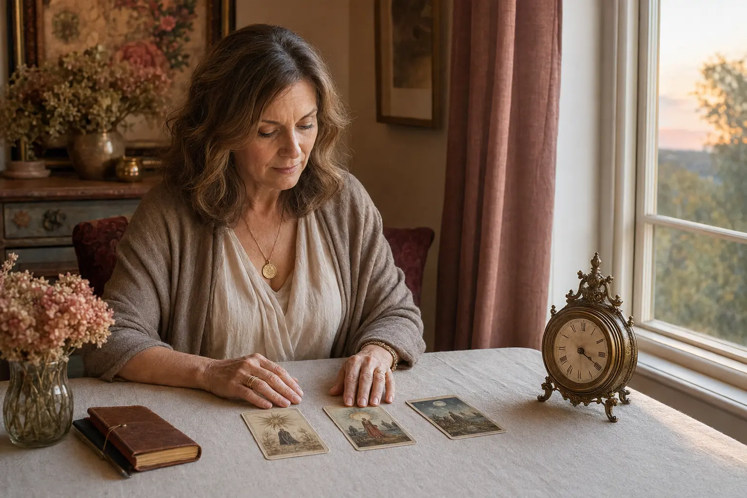 A tarot reader studying three cards beside an antique clock