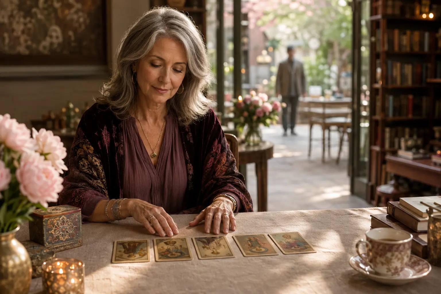 A tarot reader with a future love spread and an approaching figure