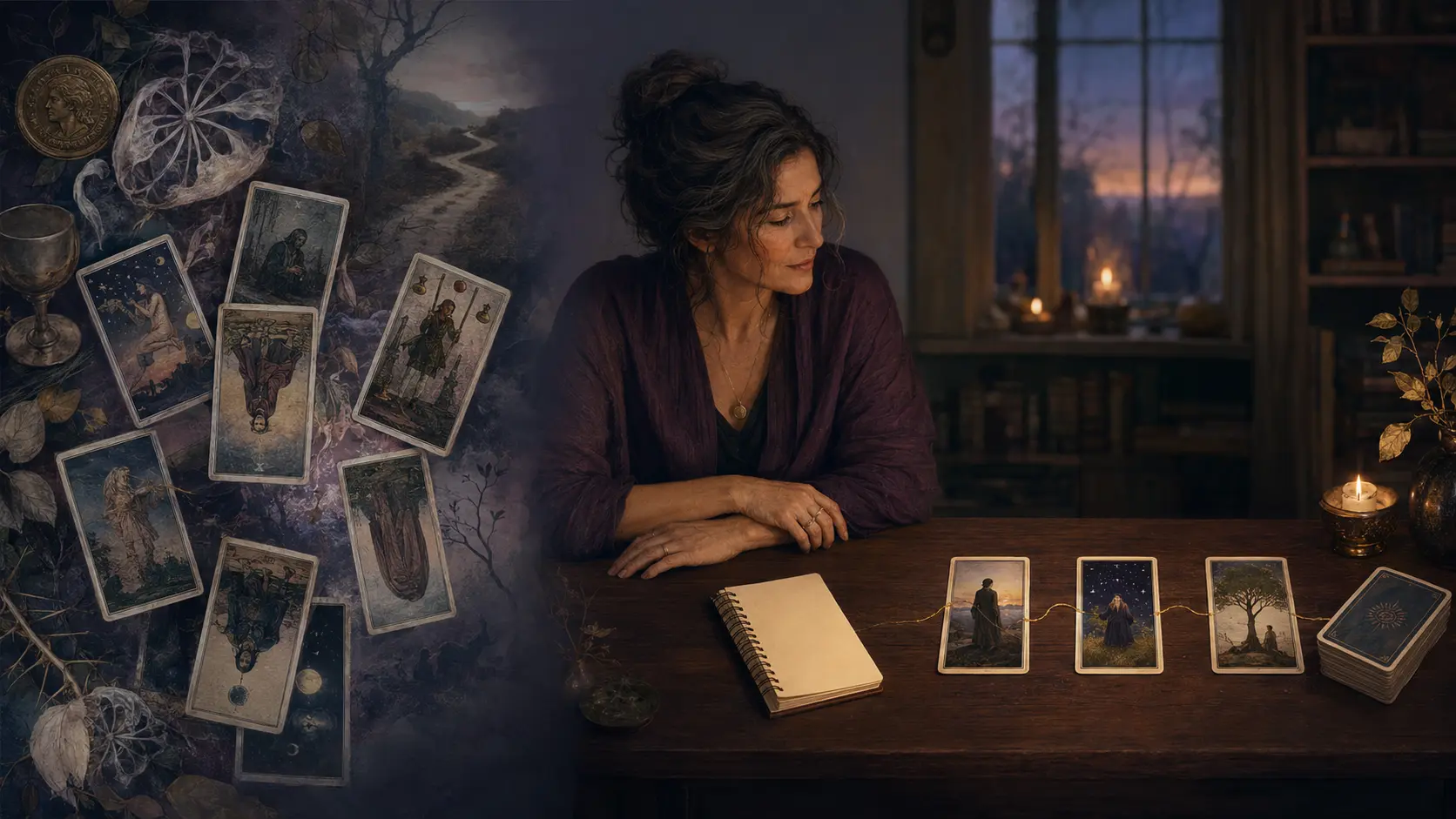 A confusing tarot spread becoming a clear row of three connected cards