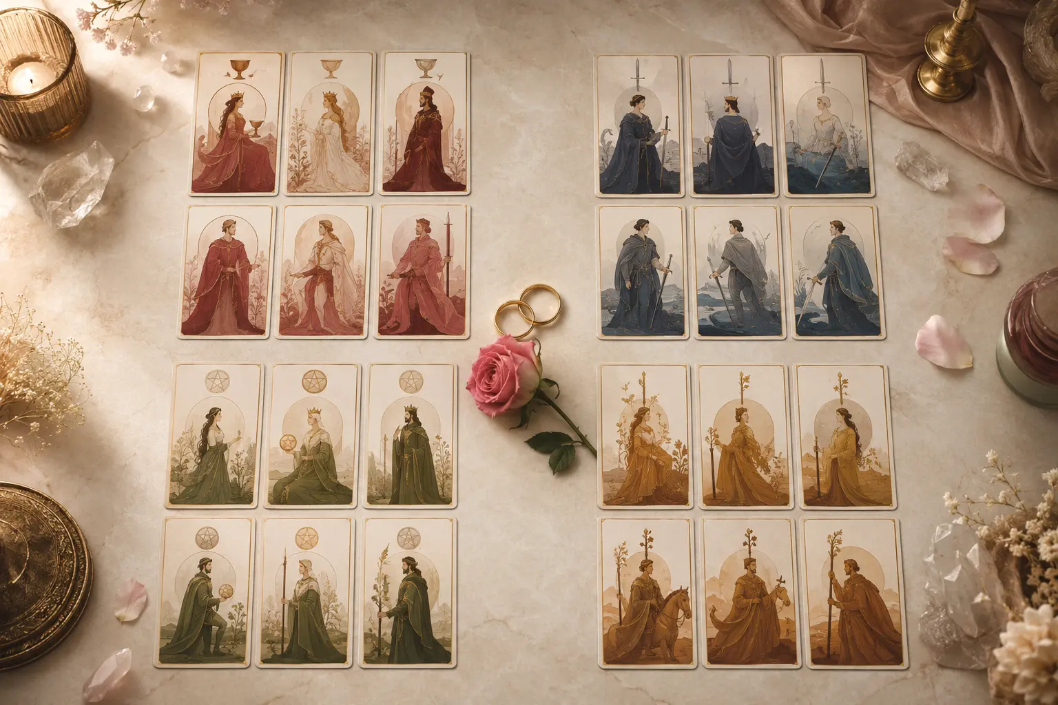 Sixteen symbolic tarot court cards arranged as four elemental families around a pair of rings