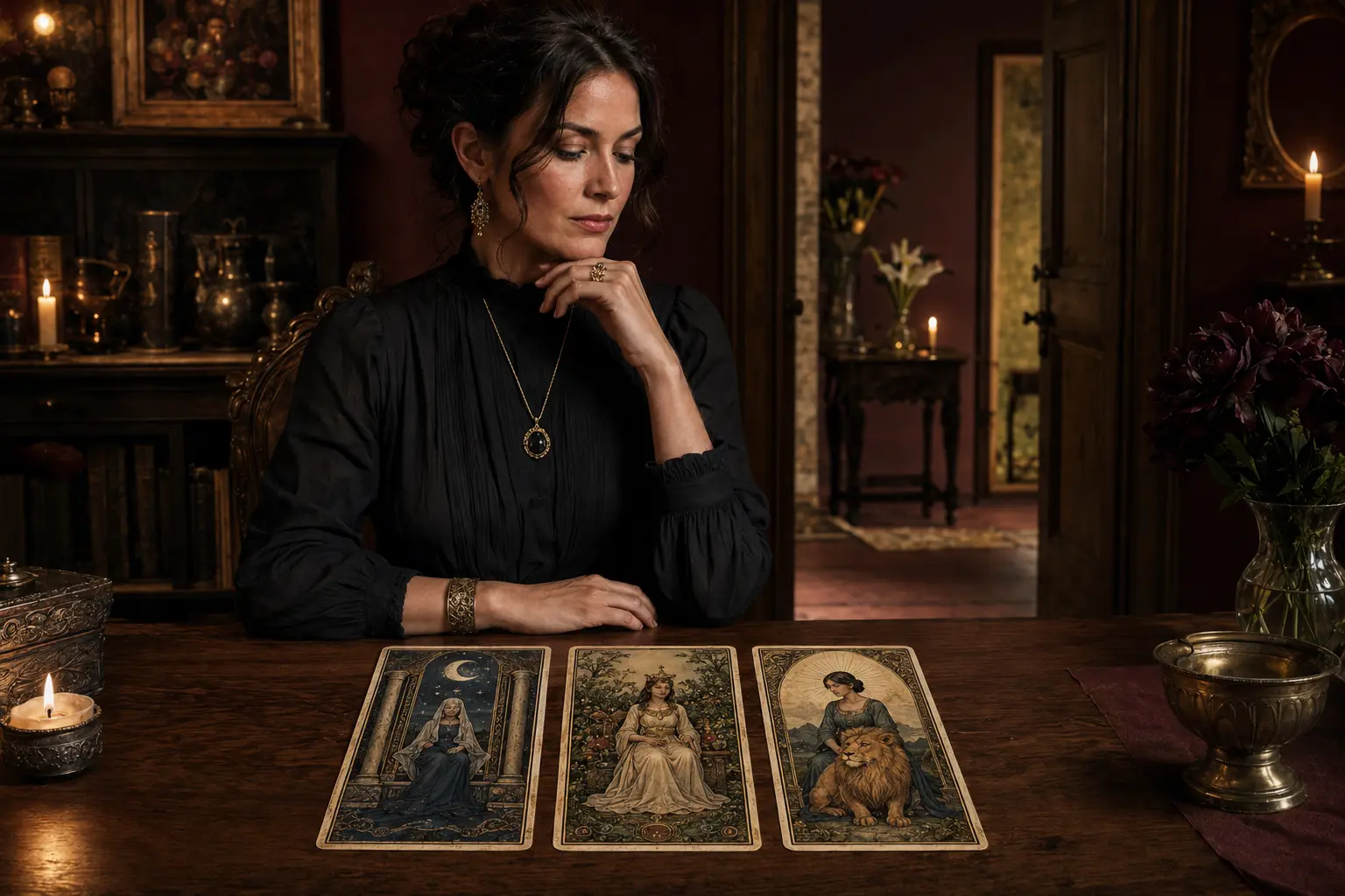 A self-possessed tarot reader with symbolic High Priestess, Empress and Strength cards
