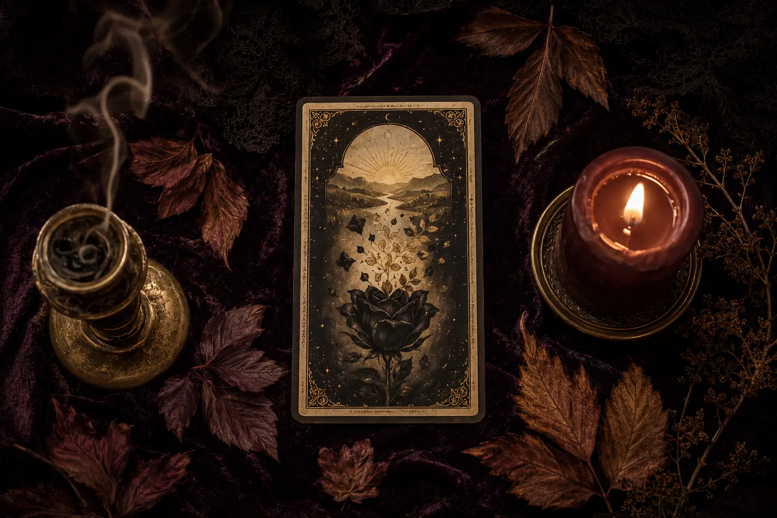 A symbolic Death tarot card beside fallen leaves, a dark rose and the first light of dawn