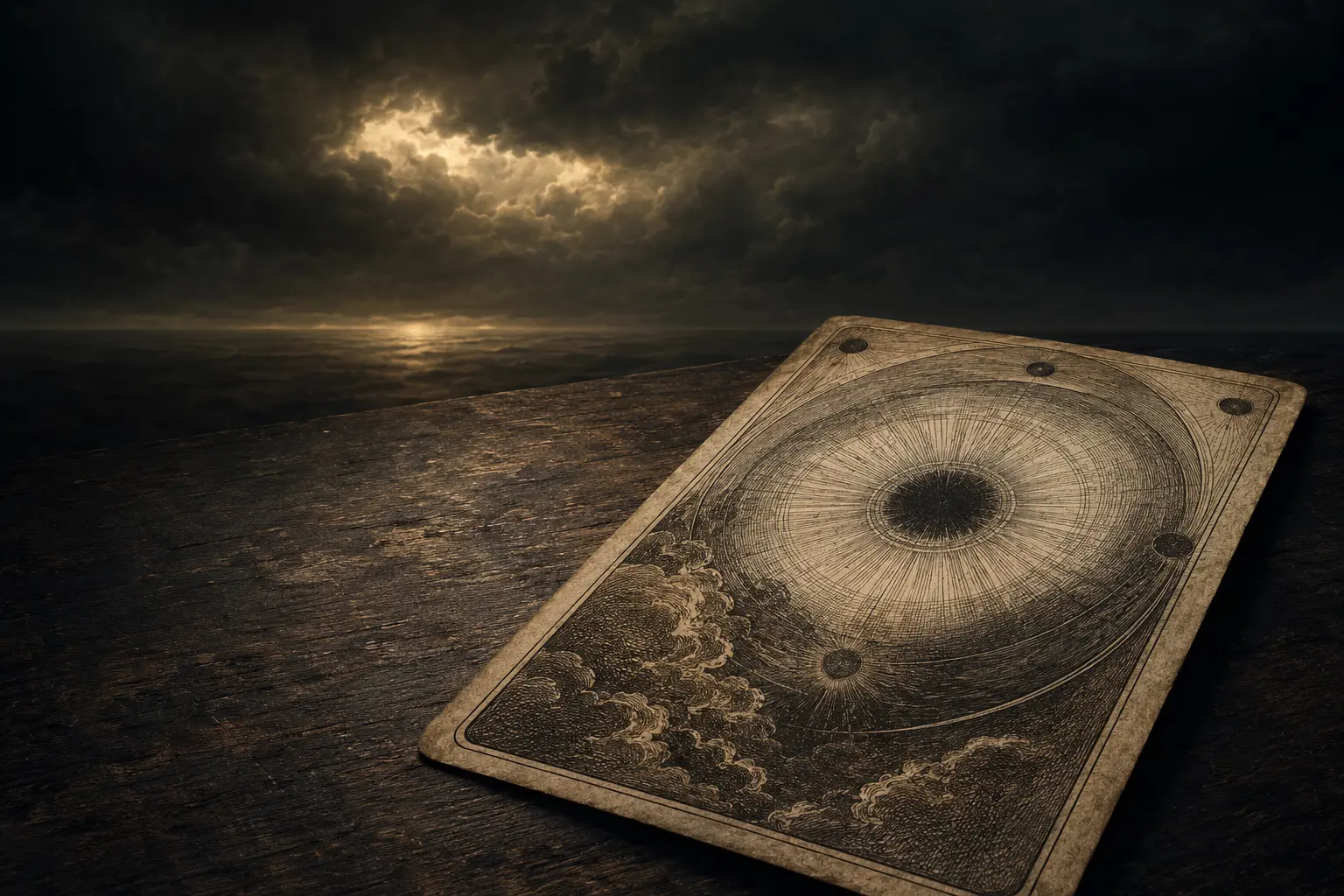 A card-shaped engraved sheet beneath dark clouds opening to pale light