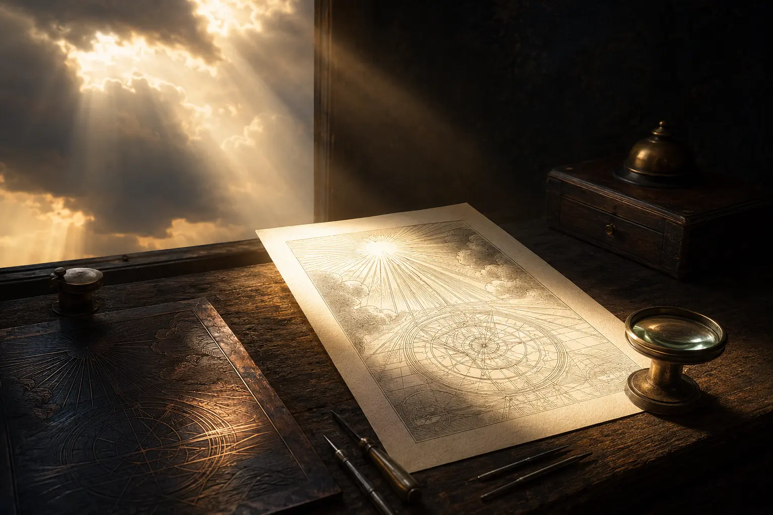 A shaft of morning light revealing an engraved sheet and brass lens