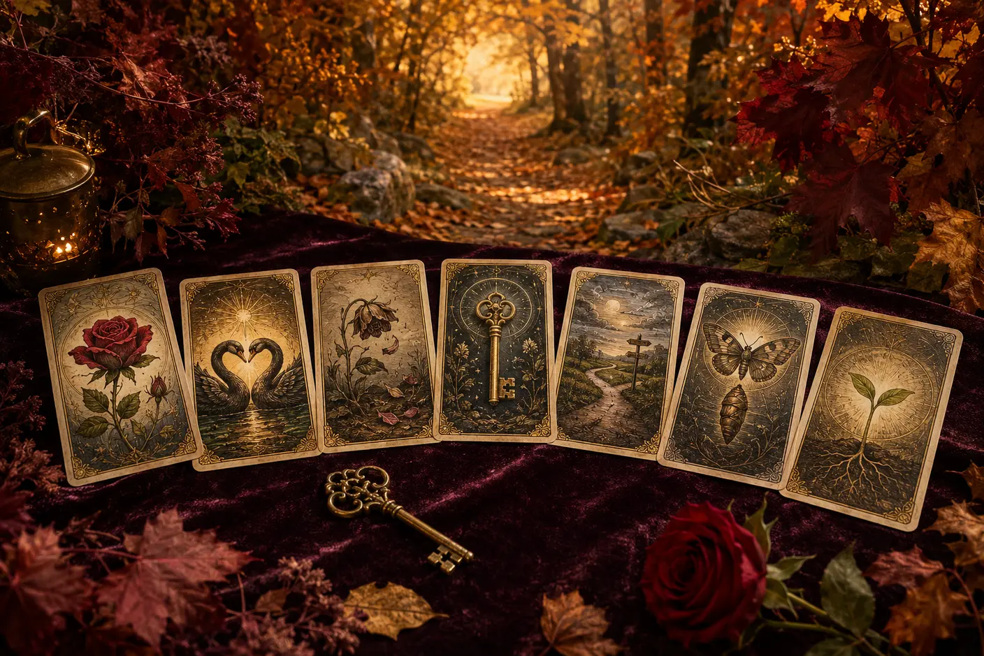 Seven original tarot-style cards forming a path through autumn leaves with roses, a key and a green sprout