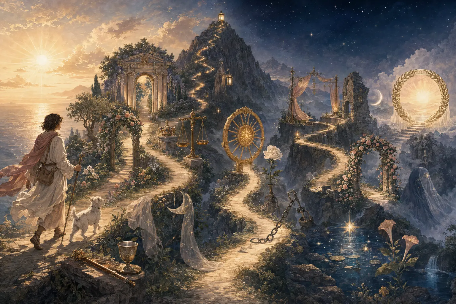 A traveler following a luminous path through Major Arcana symbols