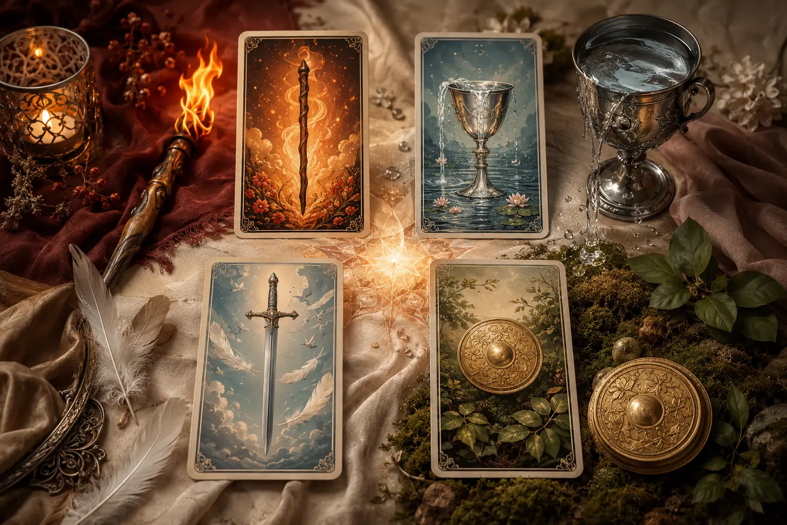 Wand, cup, sword and pentacle cards represented through four natural elements