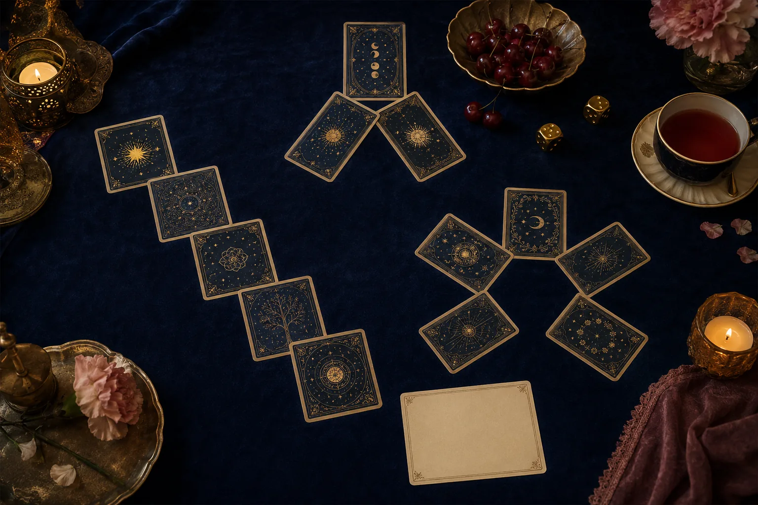 Original tarot-style card backs in playful triangle, zigzag and circular spreads on navy velvet