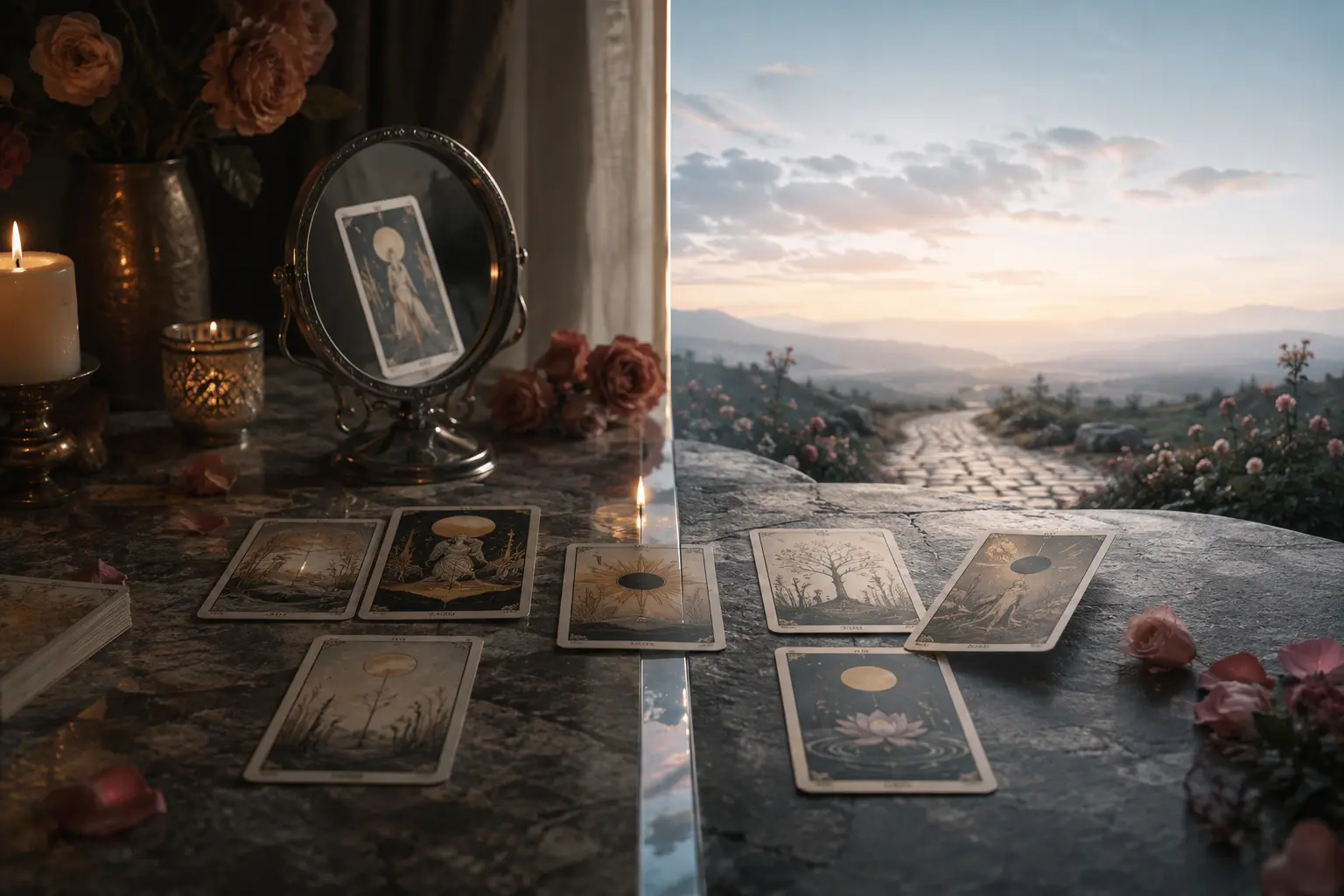 A tarot spread crossing a mirror-like line between a candlelit present and a bright path into the future
