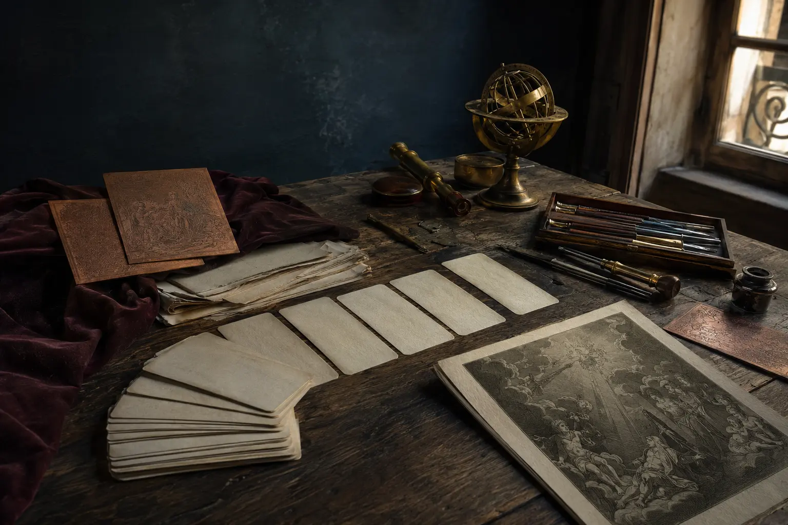An eighteenth-century engraver's table with card-shaped sheets and a brass celestial instrument
