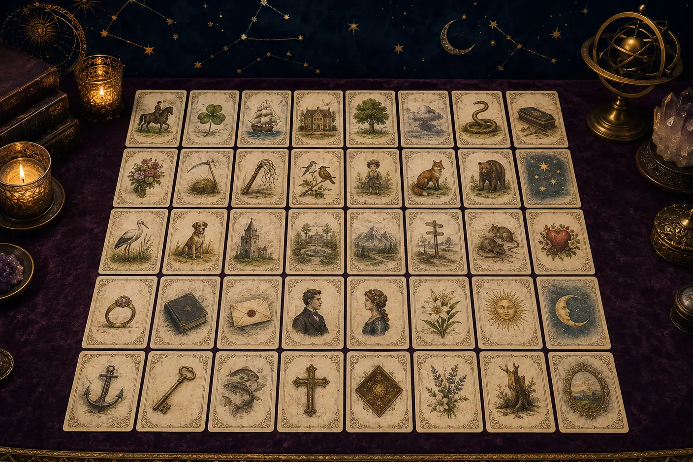 A complete set of thirty-six original Lenormand-style cards arranged as a Grand Tableau