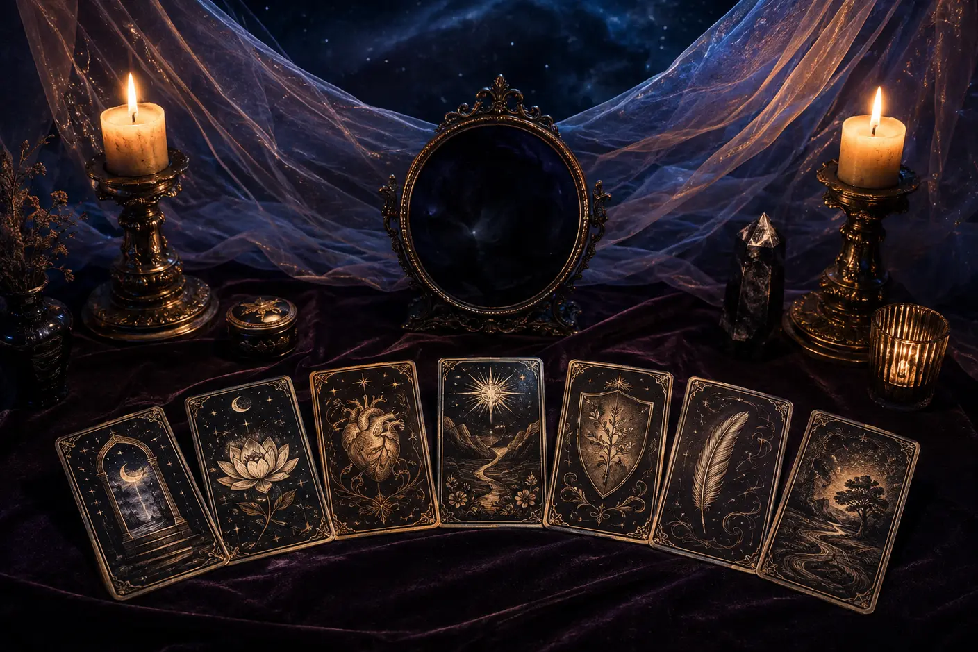 Seven original tarot-style cards arranged around a dark mirror beneath a translucent veil and two candles