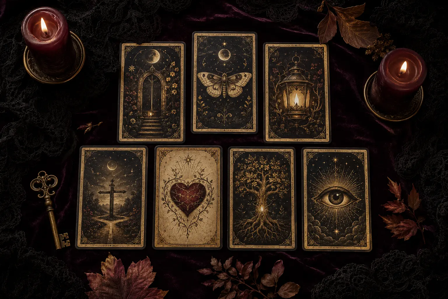 Seven tarot cards arranged with candles, autumn leaves and an antique key
