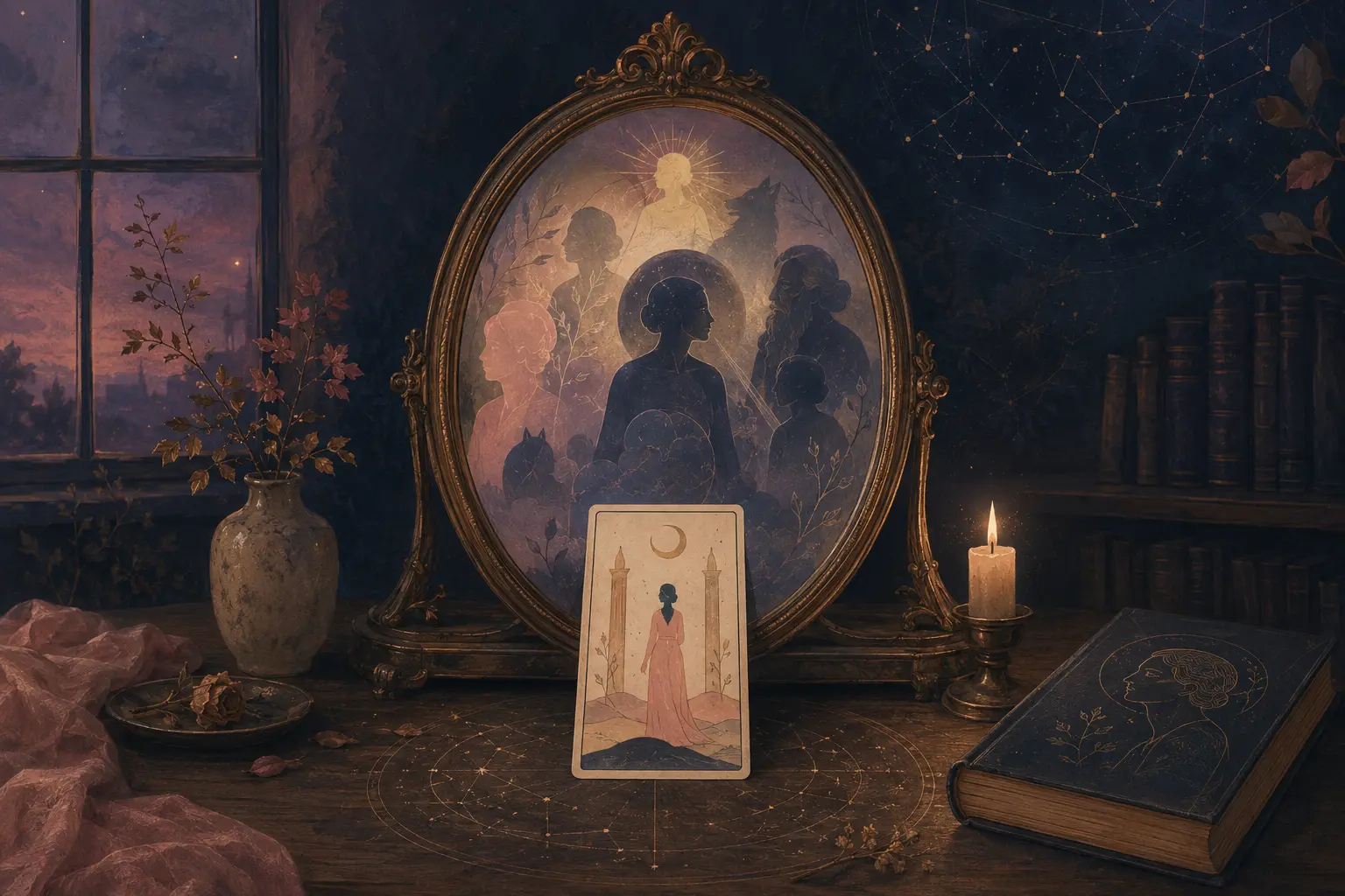 Tarot card before a mirror of archetypal figures
