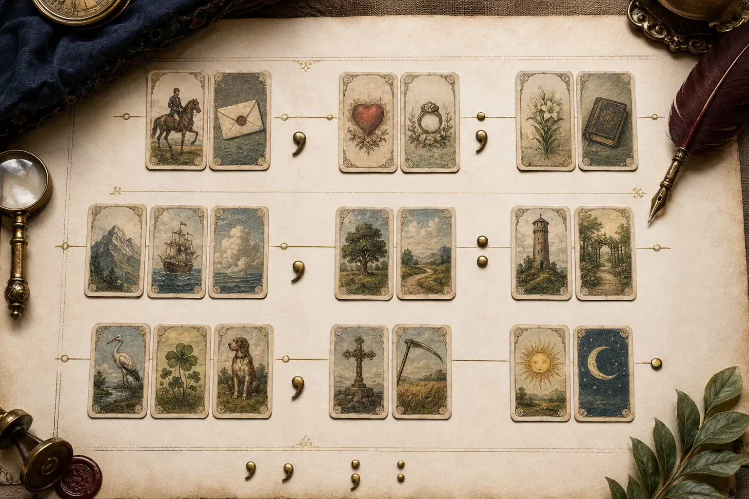 Pairs and trios of original Lenormand-style cards connected like words in an elegant visual sentence
