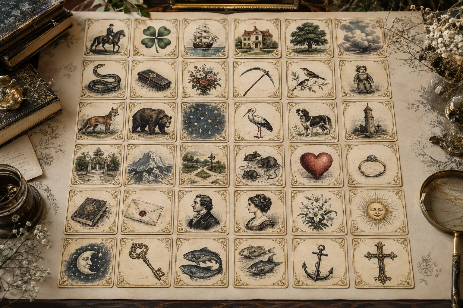 A complete set of thirty-six original Lenormand-style symbol cards arranged in six neat rows