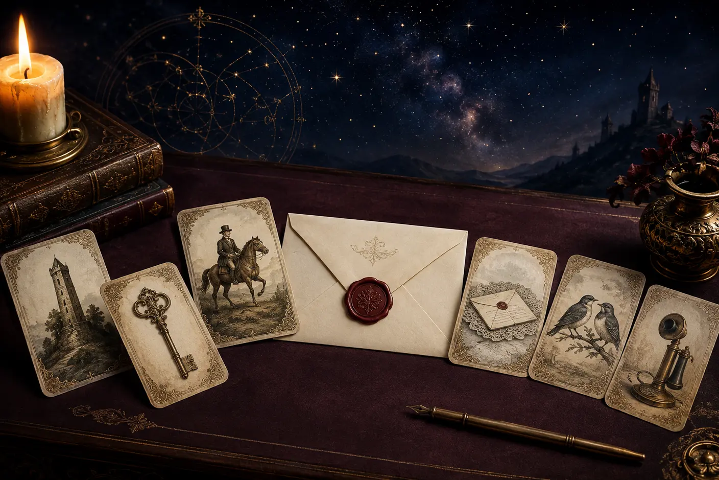 Original Lenormand-style Rider, Letter, Birds, Key and Tower cards arranged around a sealed envelope