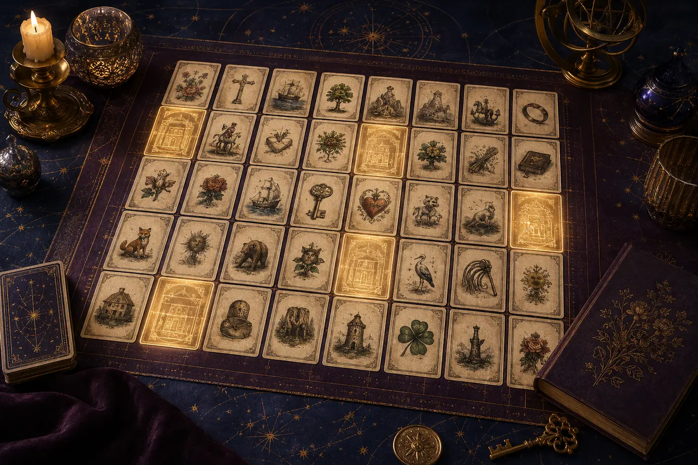 A Grand Tableau of original Lenormand-style cards with selected golden house positions glowing beneath them