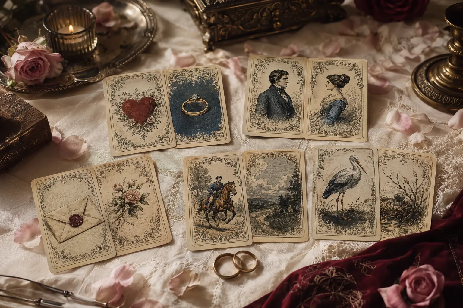 Original Lenormand-style Heart, Ring, Man and Woman cards arranged with roses and two written messages