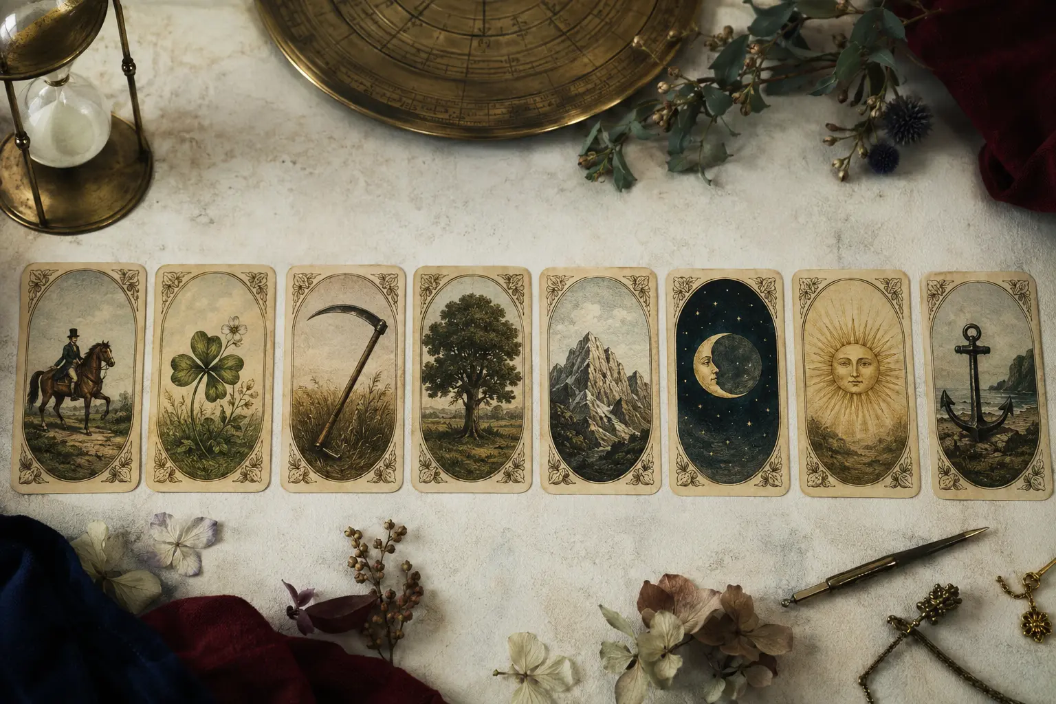 Original Lenormand-style Rider, Clover, Tree, Mountain, Moon and Sun cards arranged around a brass calendar dial