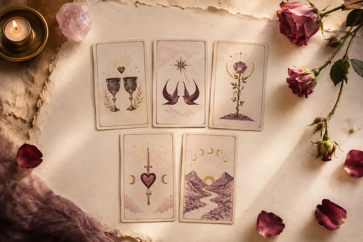 Five symbolic love tarot cards arranged with roses and rose quartz