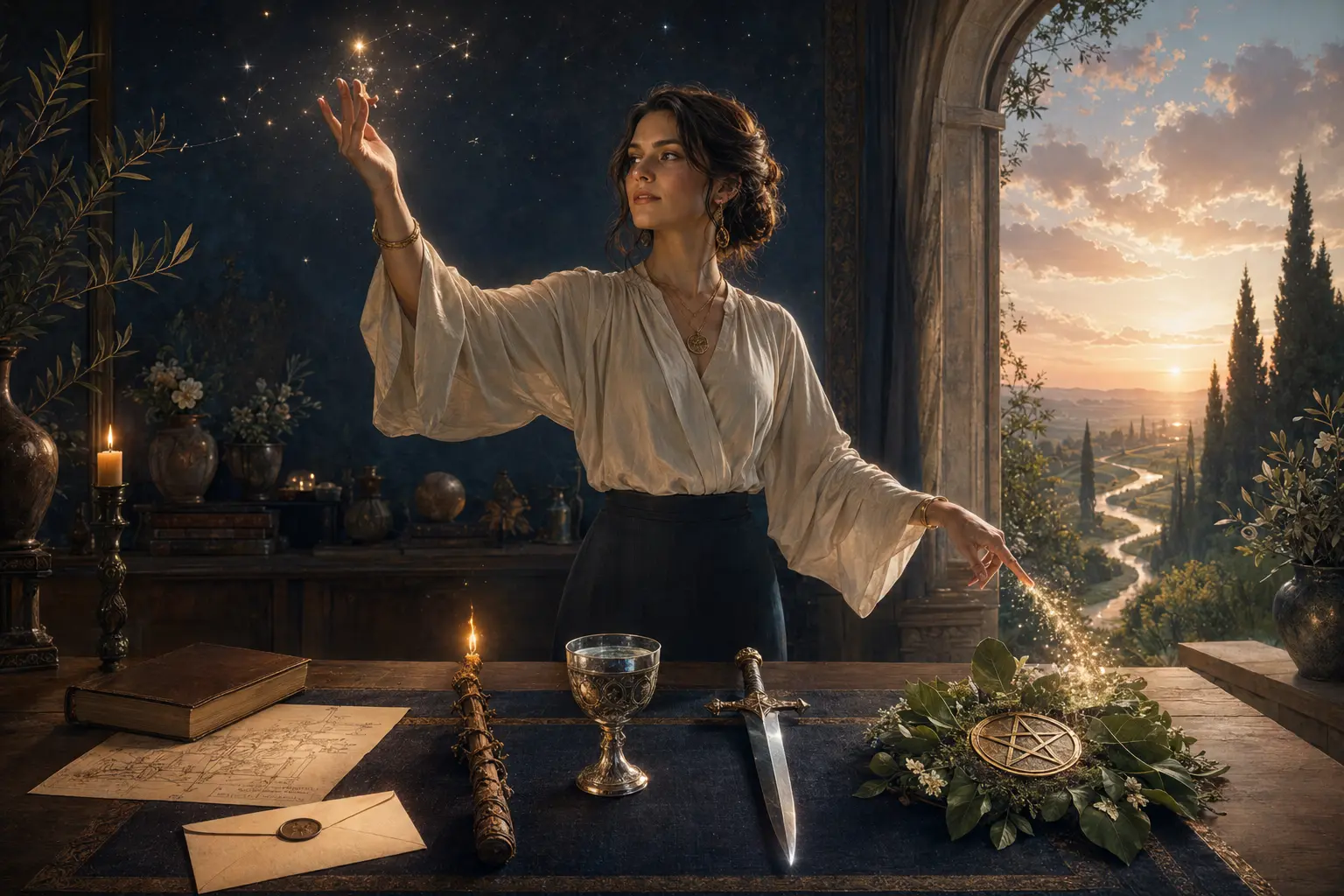 A confident woman embodying The Magician with the four tarot tools at sunrise