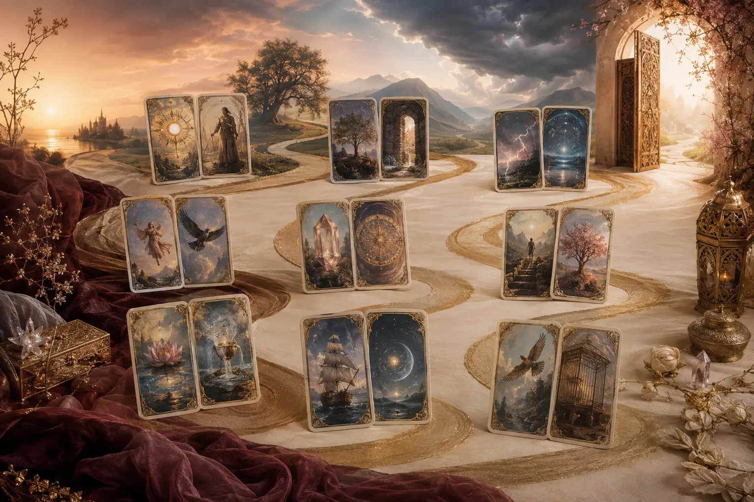 Pairs of symbolic tarot cards connected by a winding golden path through changing landscapes