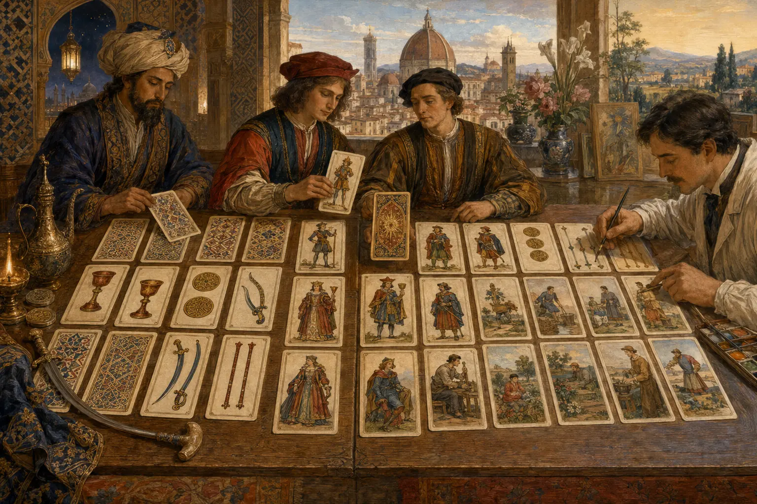 Four tarot suits passing from medieval ornament into illustrated scenes