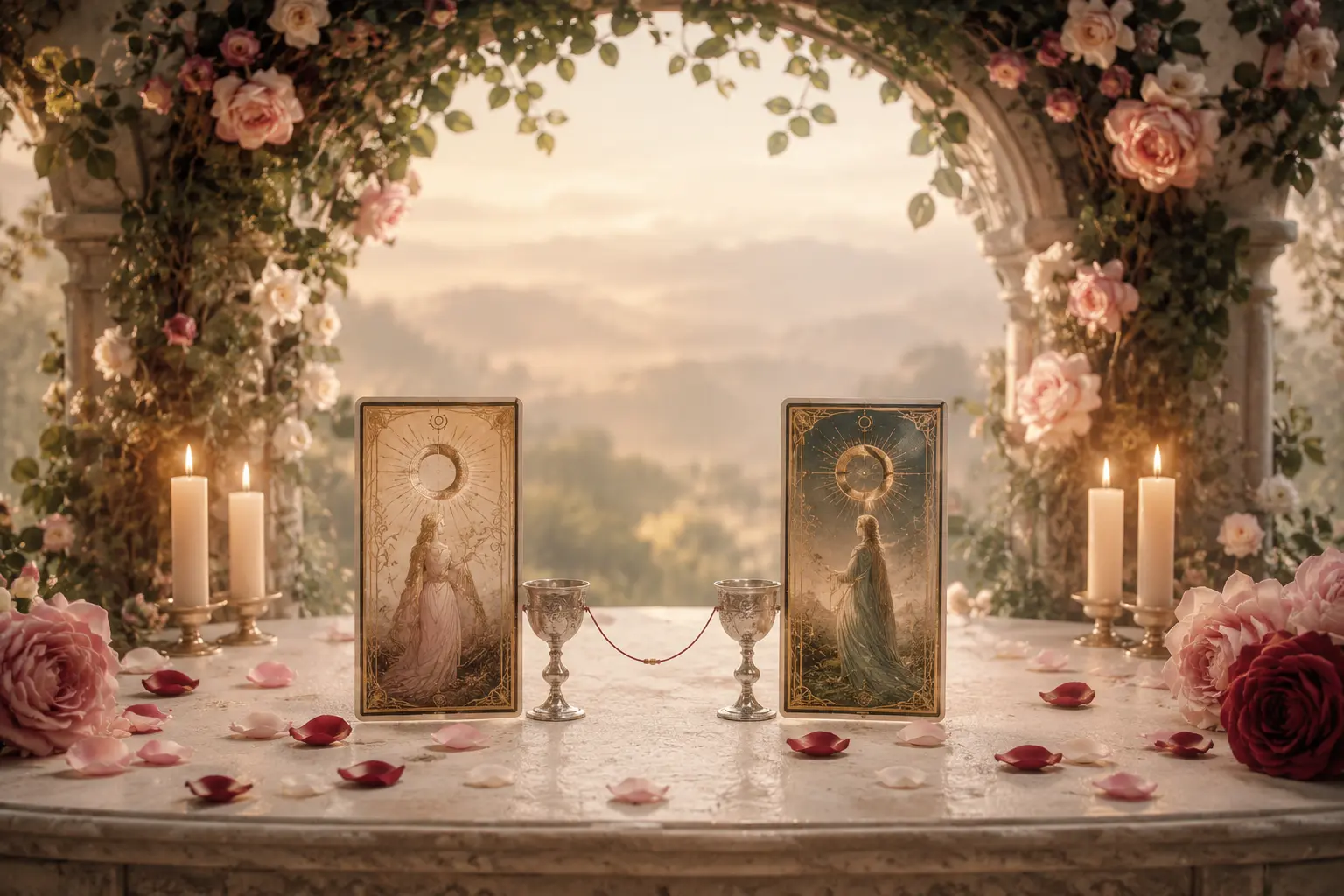 Two symbolic tarot cards meeting beneath a rose arch with cups, candles and early morning light