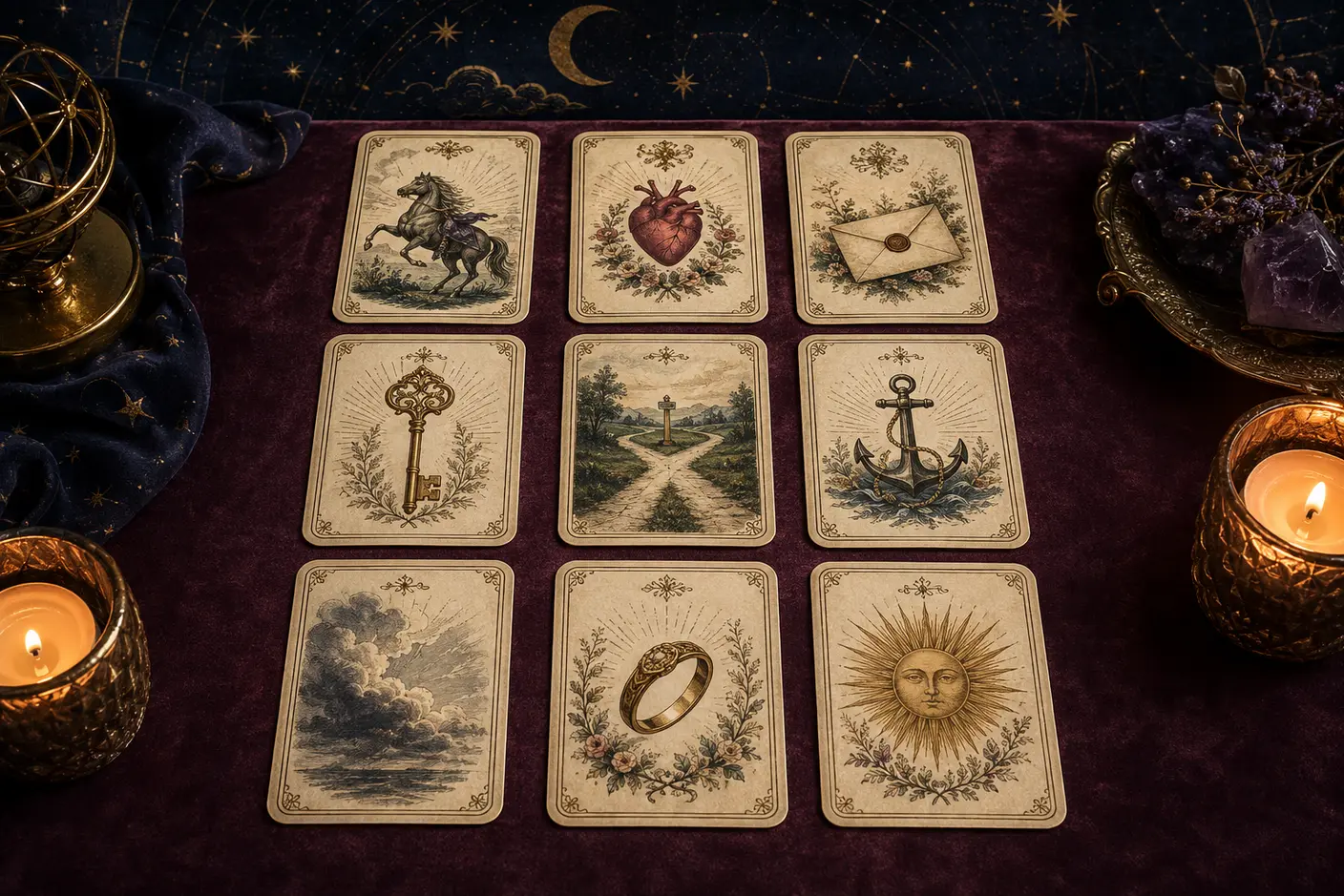 Nine original Lenormand-style cards arranged in a precise three by three portrait grid