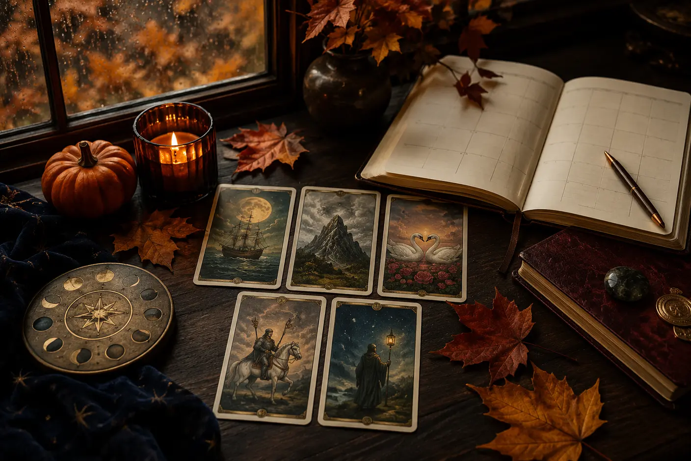 Original tarot cards beside a blank monthly planner, candle, moon dial, pumpkin and October leaves