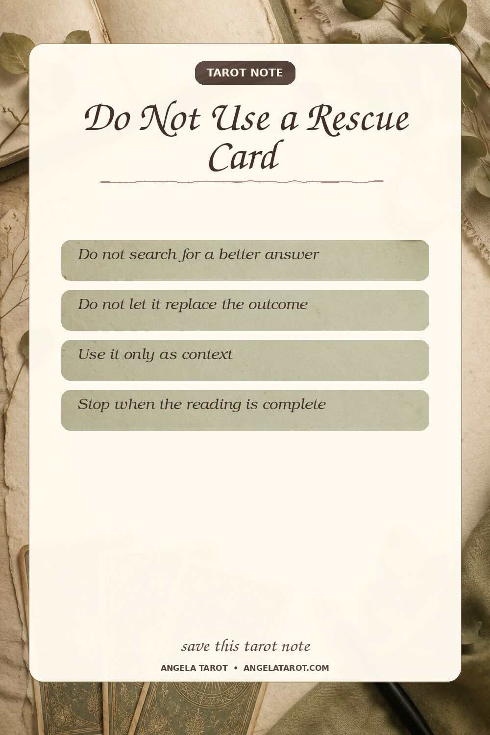 Pinterest tarot note for Do Not Use a Rescue Card