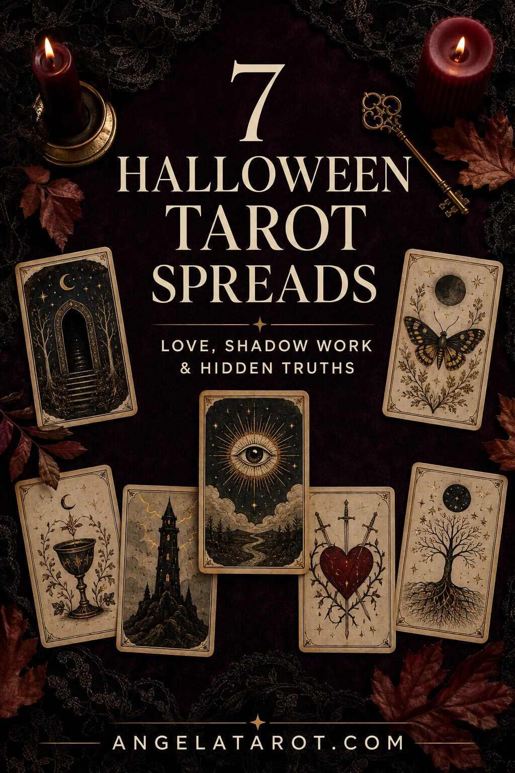 Pinterest cover for seven Halloween tarot spreads