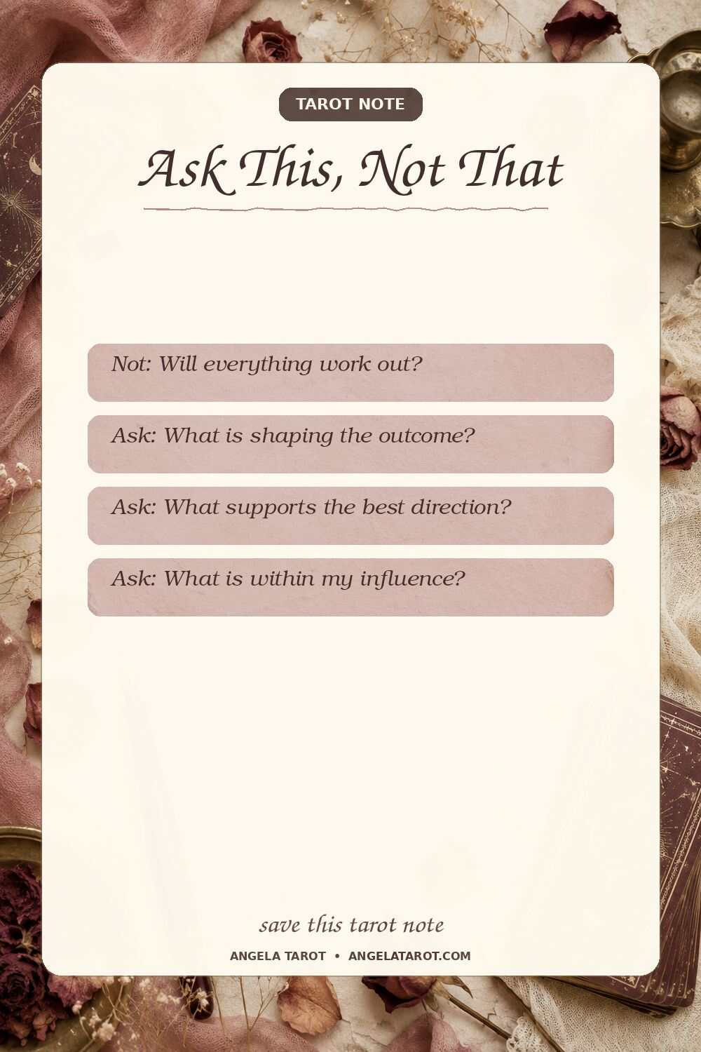 Pinterest tarot note for Ask This, Not That