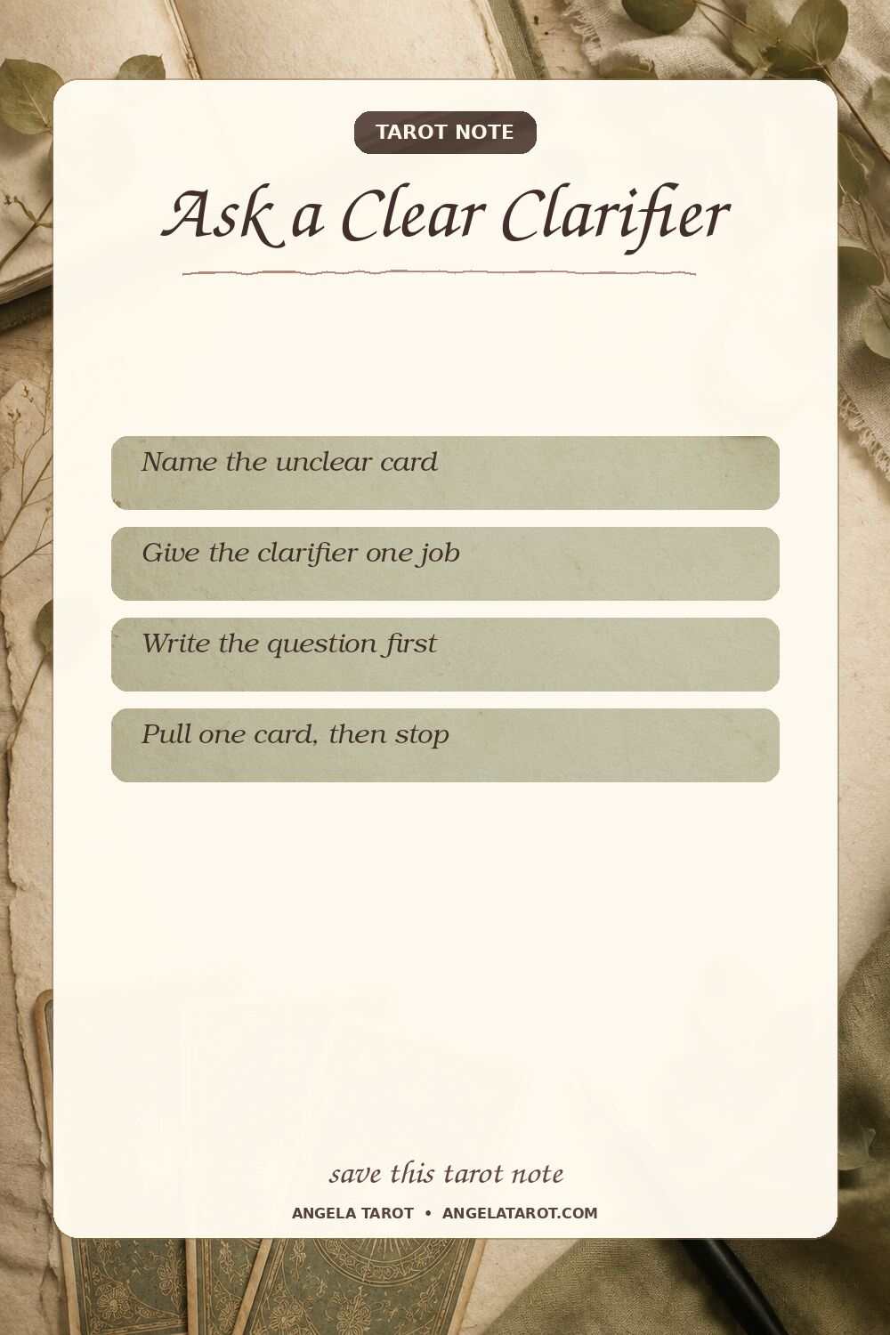Pinterest tarot note for Ask a Clear Clarifier