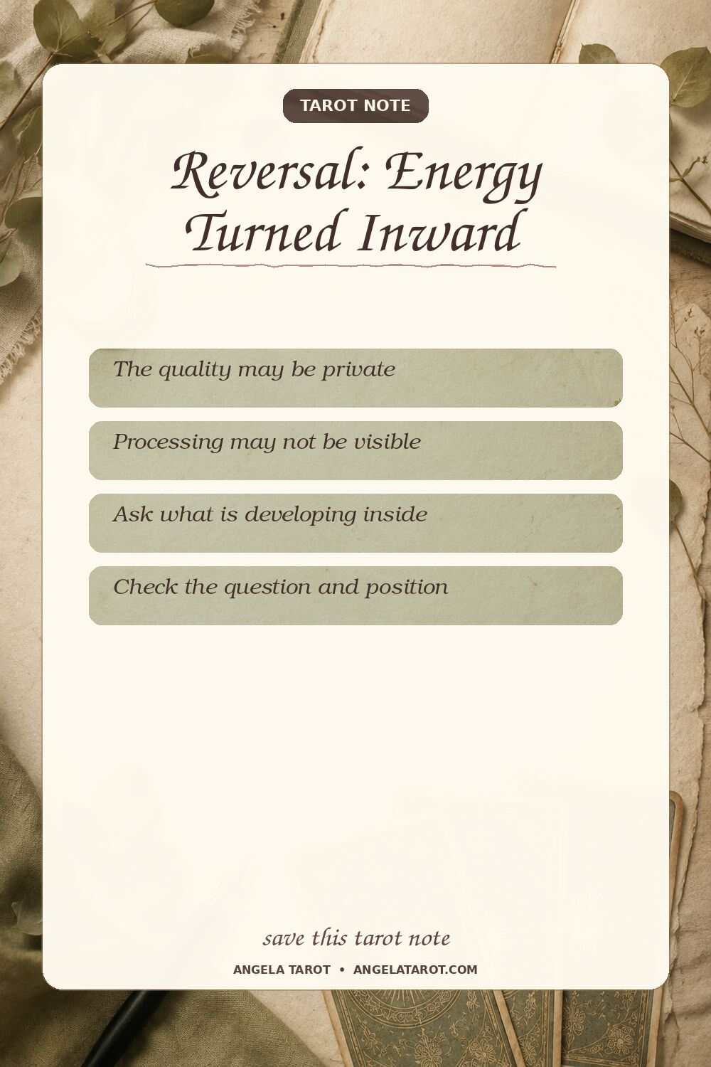 Pinterest tarot note for Reversal: Energy Turned Inward