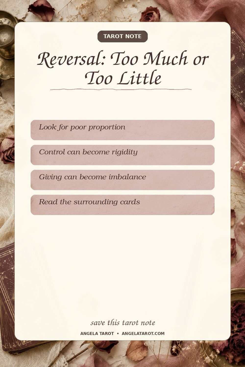 Pinterest tarot note for Reversal: Too Much or Too Little