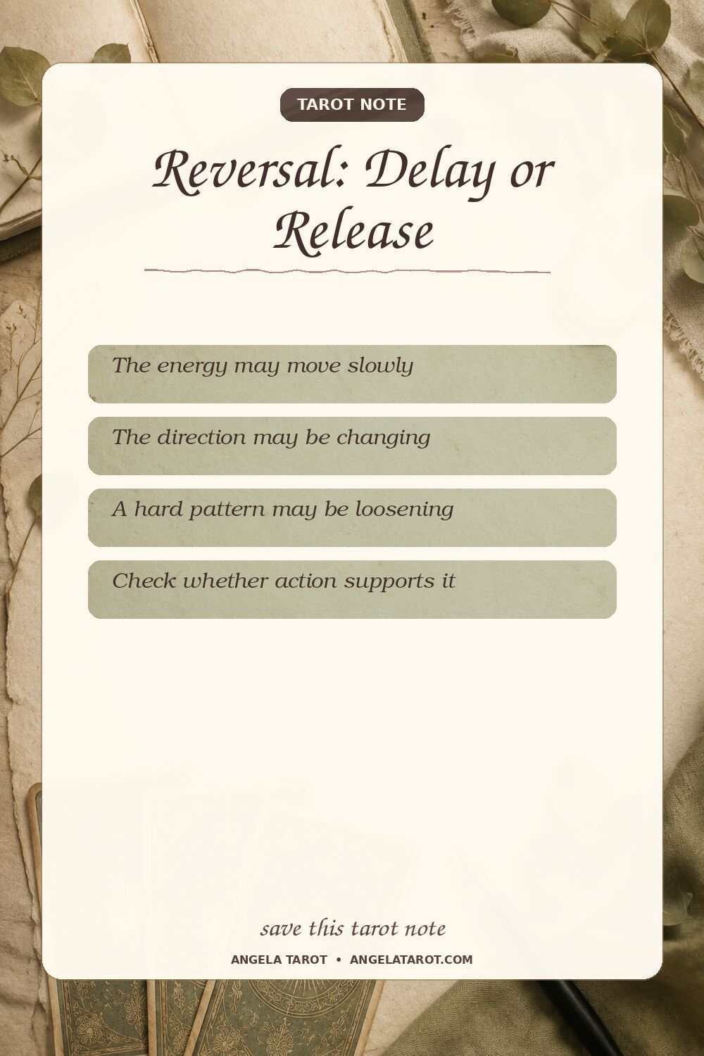 Pinterest tarot note for Reversal: Delay or Release