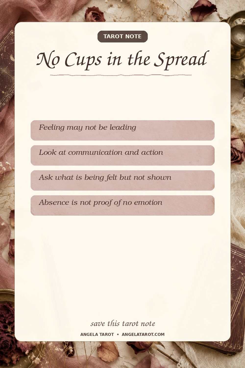 Pinterest tarot note for No Cups in the Spread