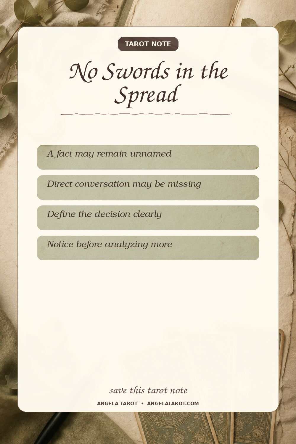 Pinterest tarot note for No Swords in the Spread